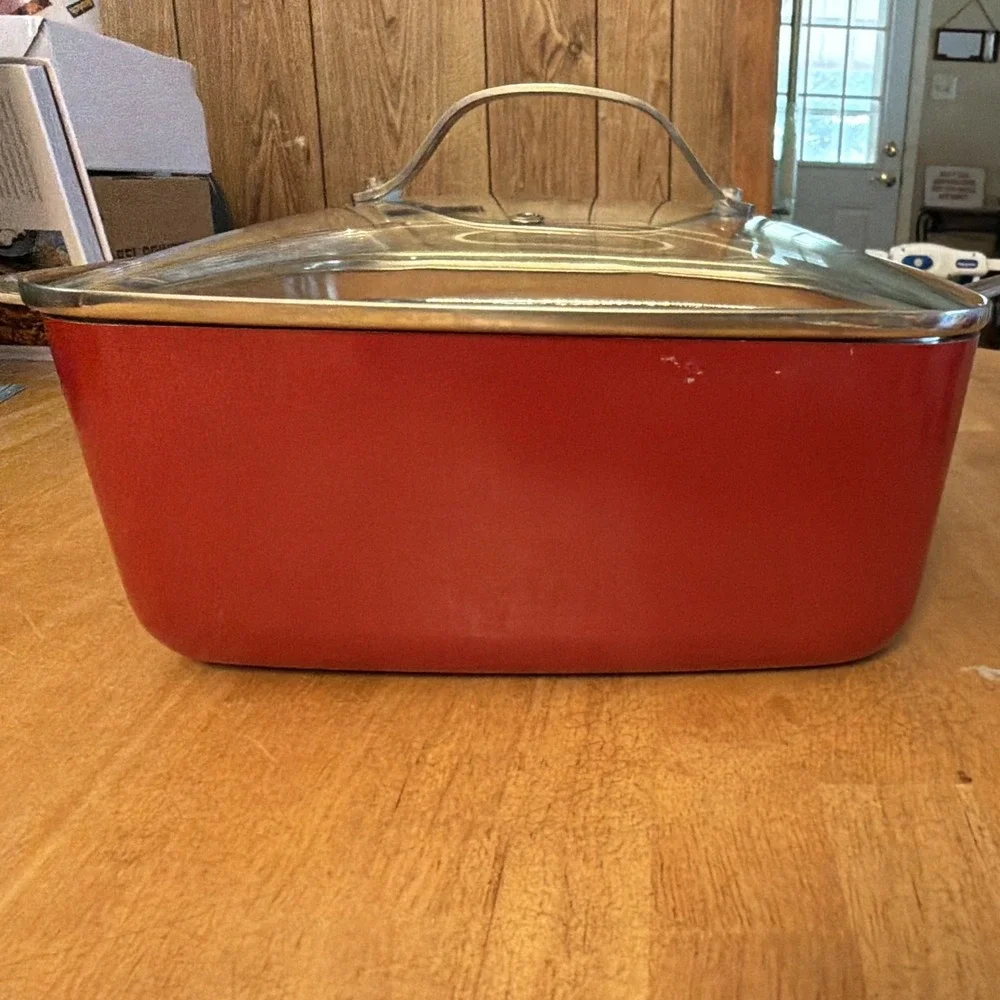 Red Copper Square Non-Stick Frying Pan Set w/ Lid & Fryer Basket, 3pc